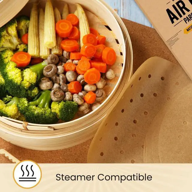 Alt view image 2 of 7 - 9 Steamer Paper, Air Fryer Round Parchment Paper Liners 220pcs Unbleached Bamboo Steamer Liners Easy Cleanup, Will Not Burn or Curl, Non-Toxic & Convenient Packaging by Bakers Signature