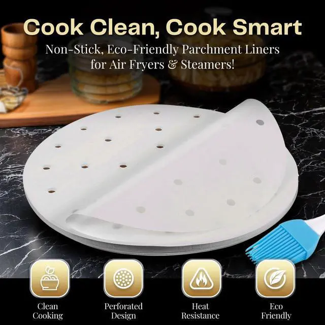Alt view image 2 of 7 - Inch Perforated Parchment Paper For Air Fryer Liners Round Unbleached 200 Sheets 5.3 5.8 QT AirFryer, Bamboo Steamer Basket, Baking Paper, Microwave, Oven Non-Stick Cooking