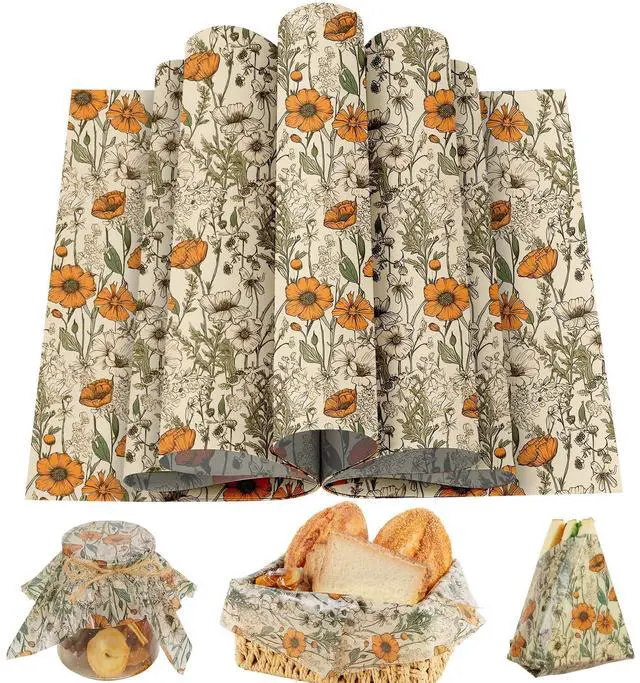 Main image of 150 Sheets Orange Wildflower Garden Floral Wax Paper for Food Deli, 9.8'' x 8.3'' Retro Floral Greaseproof Deli Paper for Sandwich Picnic Basket Liner Birthday Party Supplies