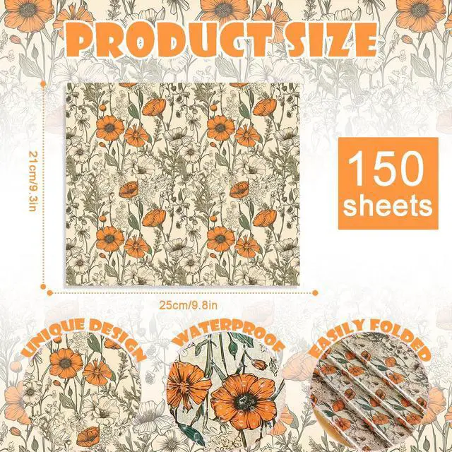 Alt view image 2 of 7 - 150 Sheets Orange Wildflower Garden Floral Wax Paper for Food Deli, 9.8'' x 8.3'' Retro Floral Greaseproof Deli Paper for Sandwich Picnic Basket Liner Birthday Party Supplies