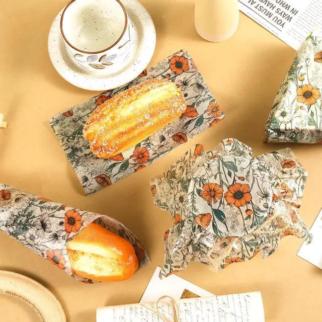 Alt view image 4 of 7 - 150 Sheets Orange Wildflower Garden Floral Wax Paper for Food Deli, 9.8'' x 8.3'' Retro Floral Greaseproof Deli Paper for Sandwich Picnic Basket Liner Birthday Party Supplies