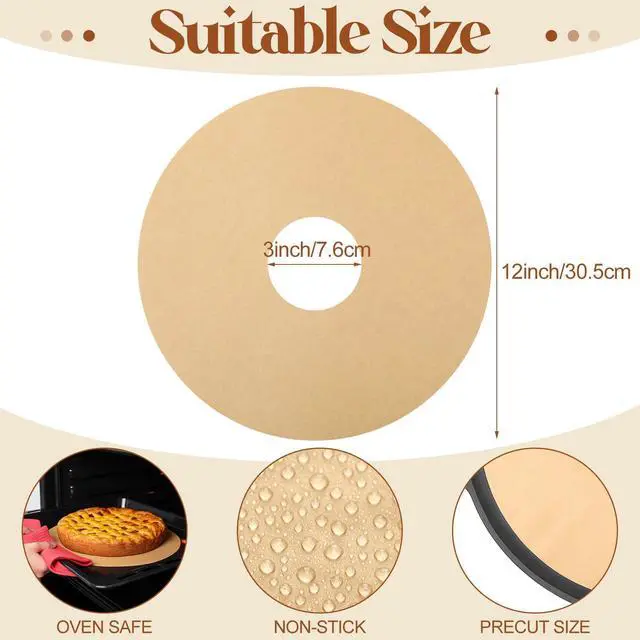 Alt view image 2 of 7 - 200 Pcs 12 Inch Round Parchment Paper with Hole Natural Unbleached Parchment Paper Sheets Non-stick Precut Disposable Silicone Coated Mat Food Drying Fruit Herb Spices