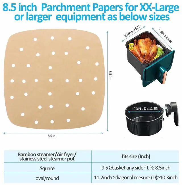 Alt view image 2 of 7 - Air Fryer Parchment Paper Liners: 200PCS 8.5 inch Square Perforated parchment paper for Air Fryer, Premium Bamboo Steamer Liner for Air Fryers Baking Cooking Oven