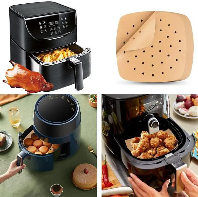 Alt view image 6 of 7 - Air Fryer Liners, 200Pcs Square, 8.5 Inch Perforated Parchment Paper Sheets for Baking, Parchment Paper for Air Fryer and Bamboo Steaming Basket (Unbleached)