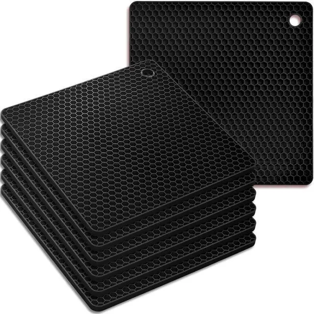 Main image of Silicone Square Trivets Mat, 6 Packs Multipurpose Non Slip Heat Resistant Pot Holder-Black