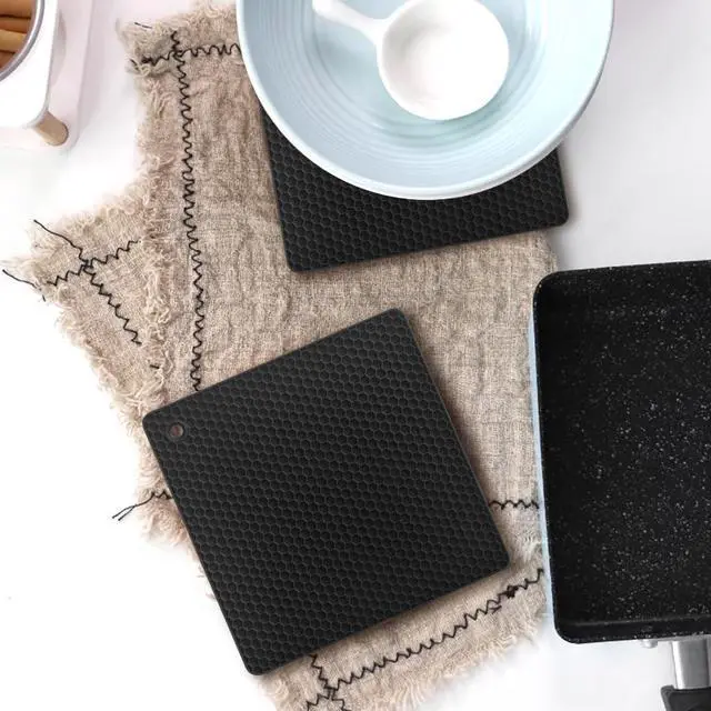 Alt view image 7 of 7 - Silicone Square Trivets Mat, 6 Packs Multipurpose Non Slip Heat Resistant Pot Holder-Black