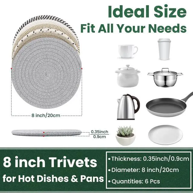 Alt view image 2 of 7 - 8 Inch Trivets for Hot Dishes, Hot Pots and Pans, Thick Heat Resistant Large Coaster for Kitchen, Hot Pads, Kitchen Essentials, Kitchen Decor for Table & Countertop, 6 Pcs