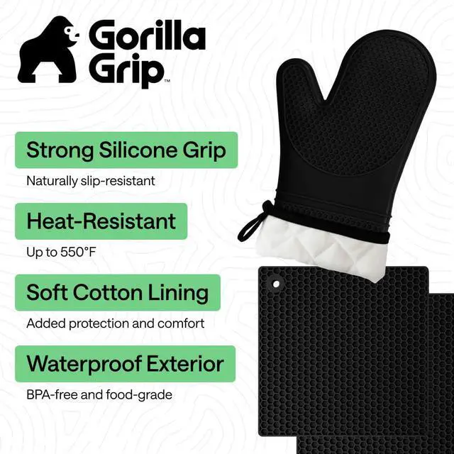 Alt view image 2 of 7 - Free Soft Silicone Oven Mitts and Pot Holders Sets of 4, Heat Resistant Waterproof Cooking Gloves, Thick Cotton Lining, Flexible Gripping for Baking Grilling, Kitchen Trivets, Black