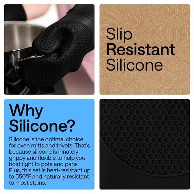 Alt view image 3 of 7 - Free Soft Silicone Oven Mitts and Pot Holders Sets of 4, Heat Resistant Waterproof Cooking Gloves, Thick Cotton Lining, Flexible Gripping for Baking Grilling, Kitchen Trivets, Black