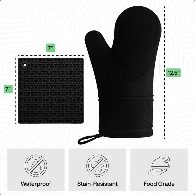 Alt view image 5 of 7 - Free Soft Silicone Oven Mitts and Pot Holders Sets of 4, Heat Resistant Waterproof Cooking Gloves, Thick Cotton Lining, Flexible Gripping for Baking Grilling, Kitchen Trivets, Black
