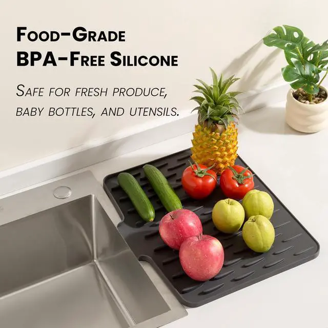 Alt view image 6 of 7 - Waterdrop-Shaped Silicone Dish Drying Mat for Kitchen Counter Heat Resistant Non-Slip BPA Free Waterproof Quick Dry Dishwasher Safe Multipurpose Silicone Sink Countertop Protector (Gray)