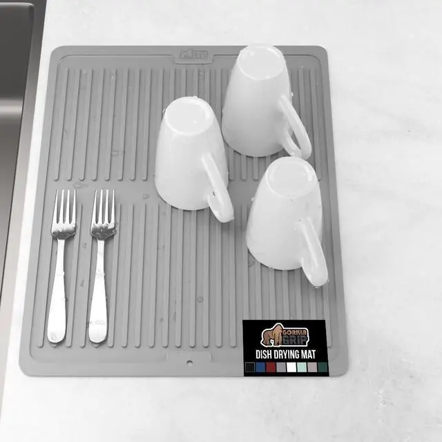 Main image of 100% BPA-Free Patented Silicone Dish Drying Mat for Kitchen Counter, Water Catching Ribbed Design, Easy Clean Waterproof Sink Liner, Heat Resistant, Fits Under Rack, 12x16 Inch, Gray