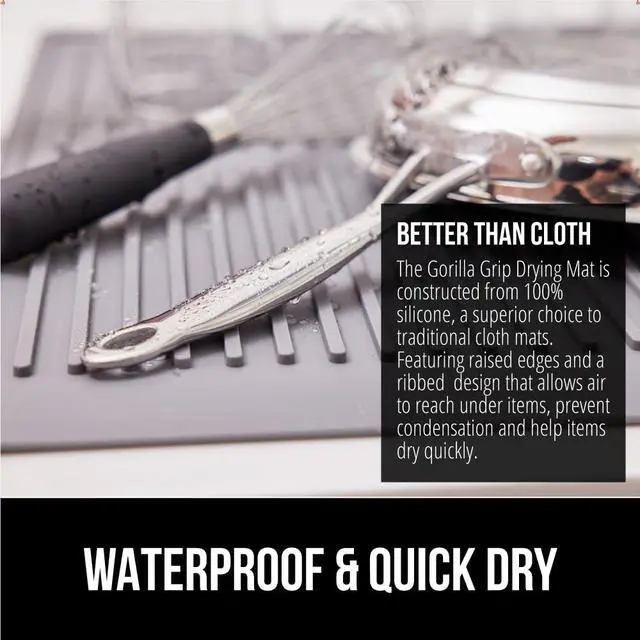 Alt view image 3 of 7 - 100% BPA-Free Patented Silicone Dish Drying Mat for Kitchen Counter, Water Catching Ribbed Design, Easy Clean Waterproof Sink Liner, Heat Resistant, Fits Under Rack, 12x16 Inch, Gray