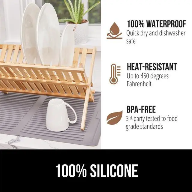 Alt view image 4 of 7 - 100% BPA-Free Patented Silicone Dish Drying Mat for Kitchen Counter, Water Catching Ribbed Design, Easy Clean Waterproof Sink Liner, Heat Resistant, Fits Under Rack, 12x16 Inch, Gray
