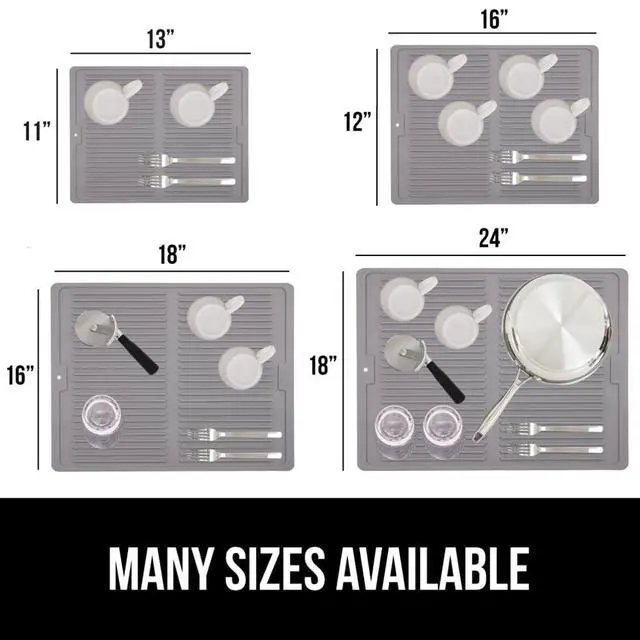Alt view image 5 of 7 - 100% BPA-Free Patented Silicone Dish Drying Mat for Kitchen Counter, Water Catching Ribbed Design, Easy Clean Waterproof Sink Liner, Heat Resistant, Fits Under Rack, 12x16 Inch, Gray