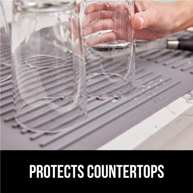 Alt view image 7 of 7 - 100% BPA-Free Patented Silicone Dish Drying Mat for Kitchen Counter, Water Catching Ribbed Design, Easy Clean Waterproof Sink Liner, Heat Resistant, Fits Under Rack, 12x16 Inch, Gray