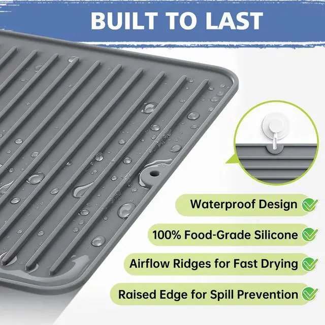 Alt view image 2 of 6 - 18" x 16" Silicone Dish Drying Mat, Kitchen Counter Drying Pad for Sink Dishes or Under Rack, Multi-Use as Heat Resistant Trivet, Coffee Bar Mat