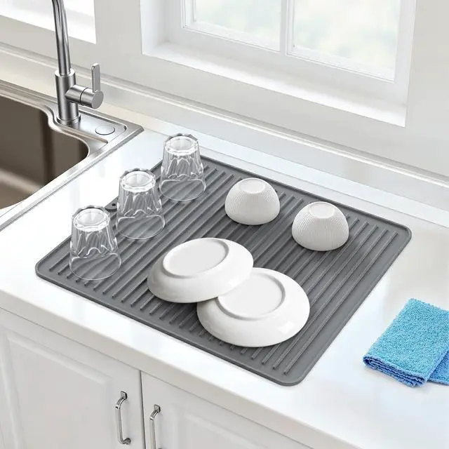 Alt view image 3 of 6 - 18" x 16" Silicone Dish Drying Mat, Kitchen Counter Drying Pad for Sink Dishes or Under Rack, Multi-Use as Heat Resistant Trivet, Coffee Bar Mat