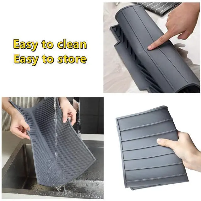 Alt view image 6 of 6 - Silicone Dish Drying MatBuilt-in Drain Lip, Easy Clean Reusable Sink Mat, Flexible Heat-resistant Dish Drain Kitchen Counter, Eco-friendly Hot Pot Holder Trivet(Grey, 17 x 13), Grey-slope