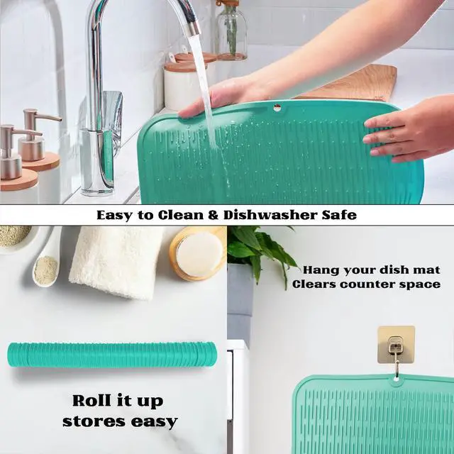 Alt view image 4 of 7 - Heavy-Duty Silicone Dish Drying Mat (16" x 18" / 401 x 455mm) - XL Family-Size Thick 4mm Drainboard for Pots, Pans & Heavy Cookware - Oversized Trivet & Counter Protector, Non-Slip (Mint Green)