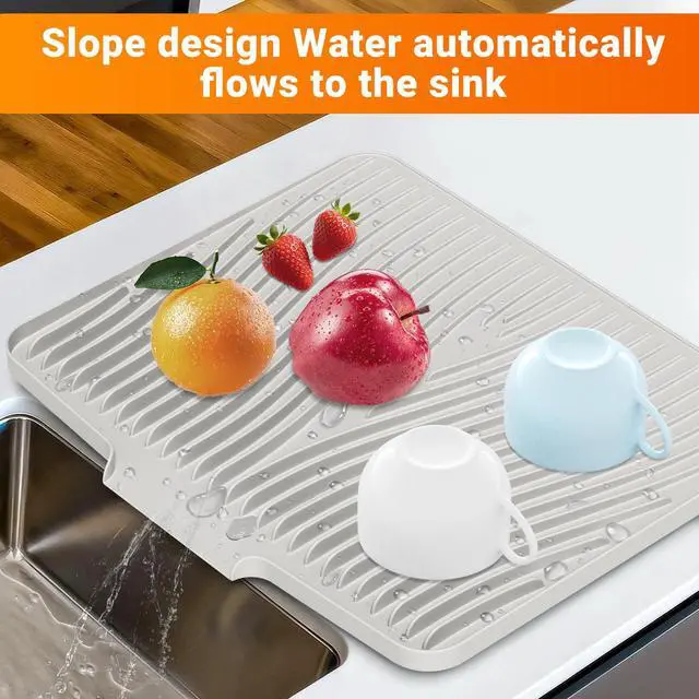 Alt view image 4 of 7 - Silicone Dish Drying Mat for Kitchen counter, 15.8"x13" Extra Large Non-Slip Drain Pad with Built-in Drainage, Heat Resistant Dishwasher Safe, Cream
