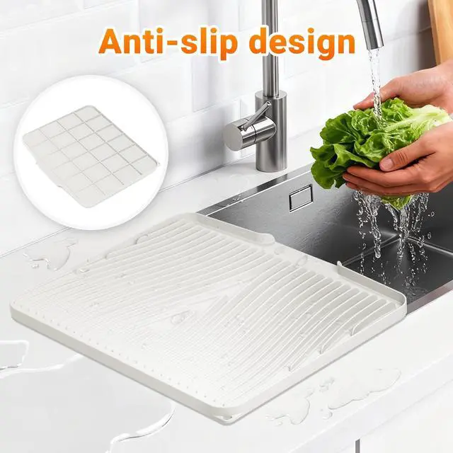 Alt view image 3 of 7 - Silicone Dish Drying Mat for Kitchen counter, 15.8"x13" Extra Large Non-Slip Drain Pad with Built-in Drainage, Heat Resistant Dishwasher Safe, Cream