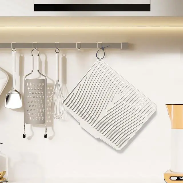 Alt view image 6 of 7 - Silicone Dish Drying Mat for Kitchen counter, 15.8"x13" Extra Large Non-Slip Drain Pad with Built-in Drainage, Heat Resistant Dishwasher Safe, Cream