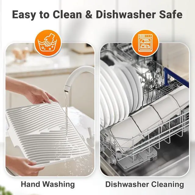 Alt view image 5 of 7 - Silicone Dish Drying Mat for Kitchen counter, 15.8"x13" Extra Large Non-Slip Drain Pad with Built-in Drainage, Heat Resistant Dishwasher Safe, Cream