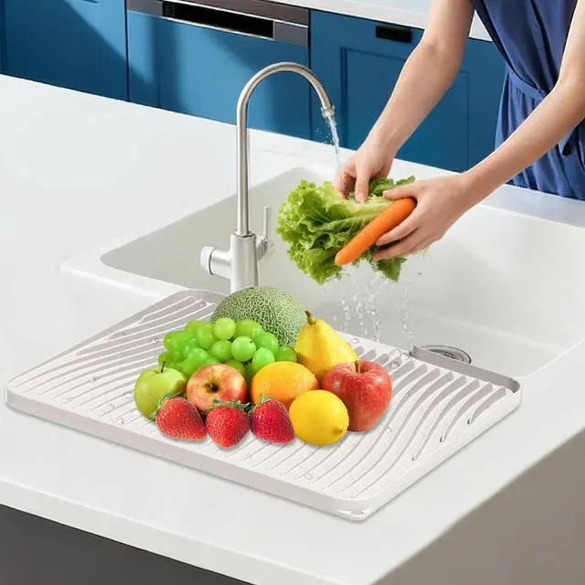 Alt view image 7 of 7 - Silicone Dish Drying Mat for Kitchen counter, 15.8"x13" Extra Large Non-Slip Drain Pad with Built-in Drainage, Heat Resistant Dishwasher Safe, Cream