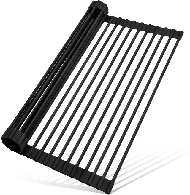 Main image of 20.5" x 13" Roll Up Dish Drying Rack Silicone Wrapped Over The Sink Dish Drying Rack Multipurpose Foldable Sink Drying Mat, Heat-Resistant & Anti-Rust Dish Rack for Kitchen Sink, Large, Black