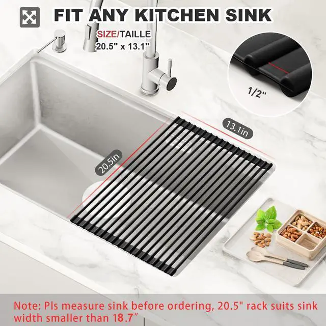 Alt view image 2 of 7 - 20.5" x 13" Roll Up Dish Drying Rack Silicone Wrapped Over The Sink Dish Drying Rack Multipurpose Foldable Sink Drying Mat, Heat-Resistant & Anti-Rust Dish Rack for Kitchen Sink, Large, Black