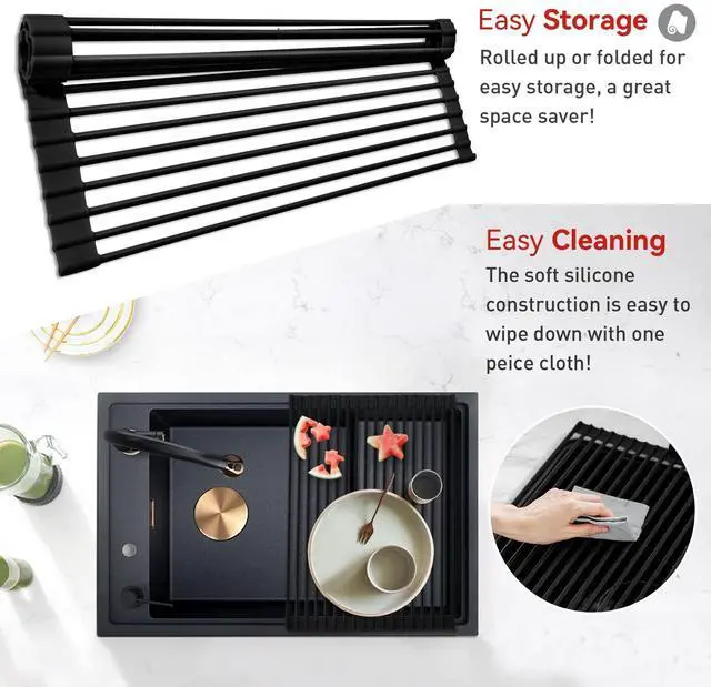 Alt view image 3 of 7 - 20.5" x 13" Roll Up Dish Drying Rack Silicone Wrapped Over The Sink Dish Drying Rack Multipurpose Foldable Sink Drying Mat, Heat-Resistant & Anti-Rust Dish Rack for Kitchen Sink, Large, Black