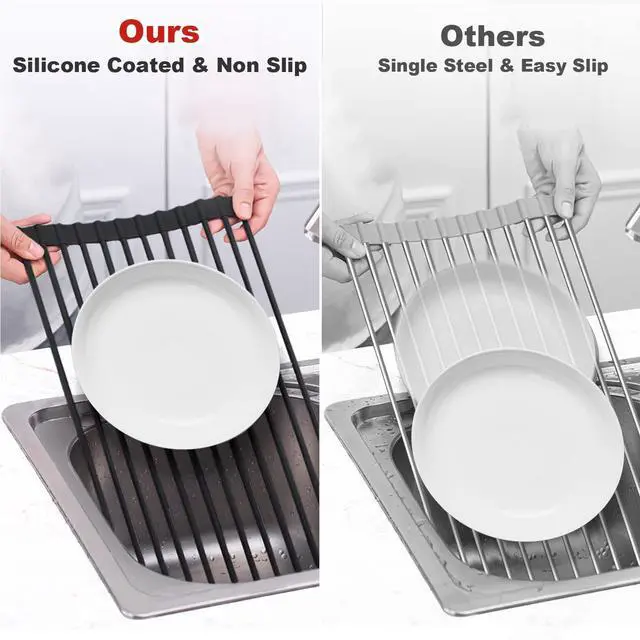Alt view image 7 of 7 - 20.5" x 13" Roll Up Dish Drying Rack Silicone Wrapped Over The Sink Dish Drying Rack Multipurpose Foldable Sink Drying Mat, Heat-Resistant & Anti-Rust Dish Rack for Kitchen Sink, Large, Black