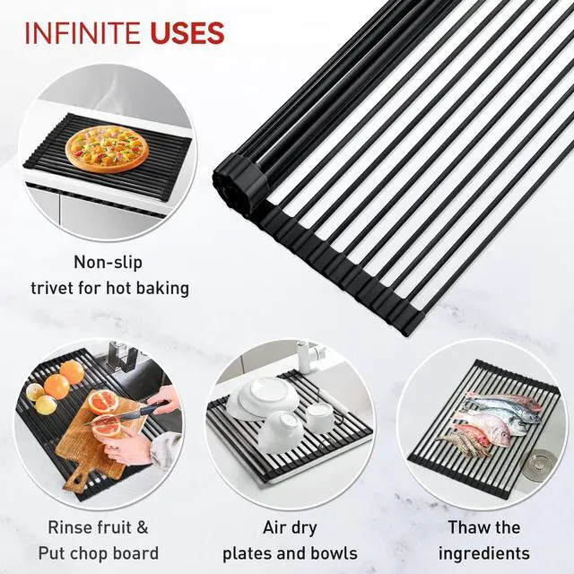 Alt view image 6 of 7 - 20.5" x 13" Roll Up Dish Drying Rack Silicone Wrapped Over The Sink Dish Drying Rack Multipurpose Foldable Sink Drying Mat, Heat-Resistant & Anti-Rust Dish Rack for Kitchen Sink, Large, Black