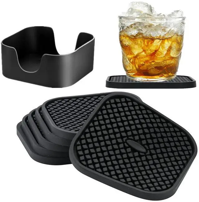 Main image of Silicone Coasters Set of 6, Drink Coasters with Holder, Non-Slip Cup Mat, Deep Tray Absorbent Coaster, Heat Resistant Countertop Protection (Black-Square)