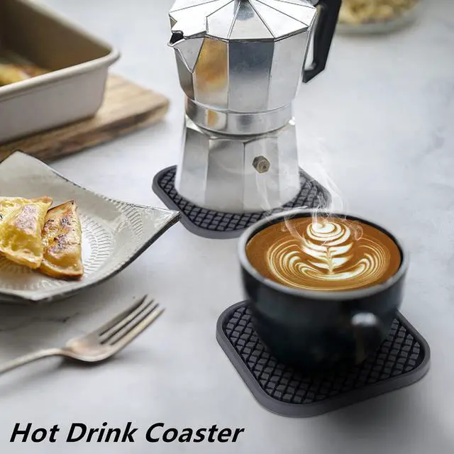 Alt view image 2 of 7 - Silicone Coasters Set of 6, Drink Coasters with Holder, Non-Slip Cup Mat, Deep Tray Absorbent Coaster, Heat Resistant Countertop Protection (Black-Square)
