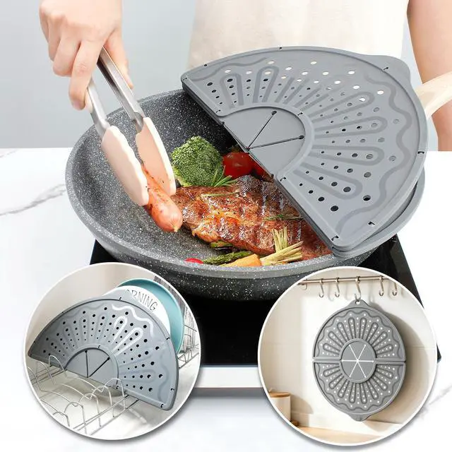 Alt view image 6 of 7 - Foldable Silicone Splatter Screen for 10-12" Pans, BPA-Free, Gray