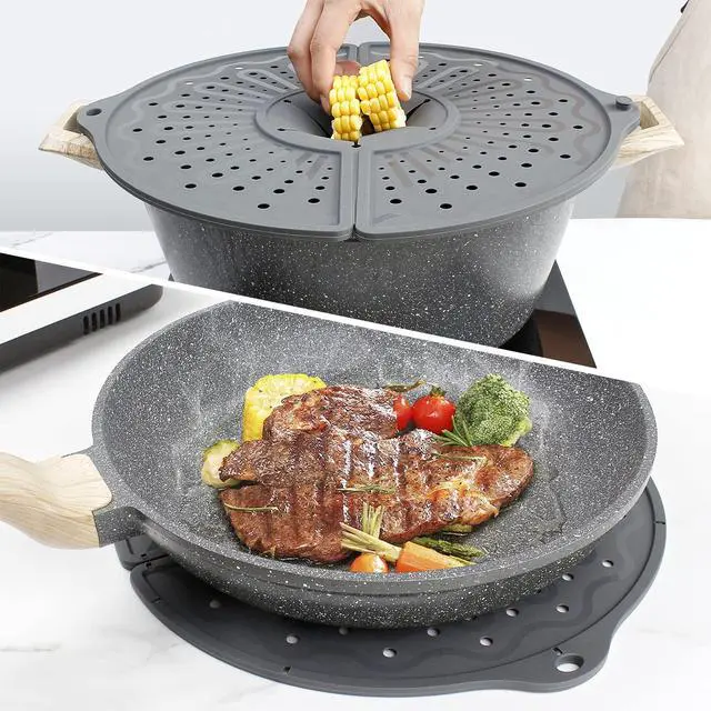 Alt view image 7 of 7 - Foldable Silicone Splatter Screen for 10-12" Pans, BPA-Free, Gray