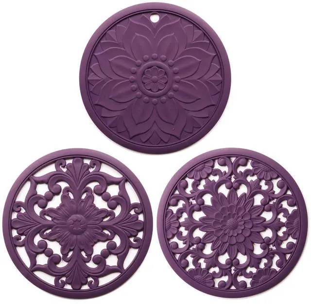 Main image of Silicone Trivets Mats for Hot Dishes, Table Top Pot Holder, Countertop, Round Heat Resistant Mat, Modern Kitchen Trivets, Teapot Trivet - Flexible Trivet Round, Hot Pads for Pots & Pans of 3 Purple