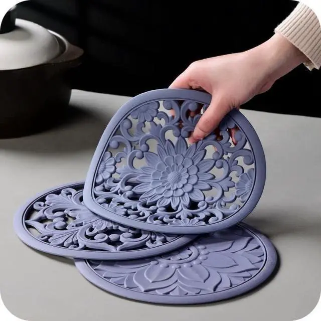 Alt view image 4 of 7 - Silicone Trivets Mats for Hot Dishes, Table Top Pot Holder, Countertop, Round Heat Resistant Mat, Modern Kitchen Trivets, Teapot Trivet - Flexible Trivet Round, Hot Pads for Pots & Pans of 3 Purple