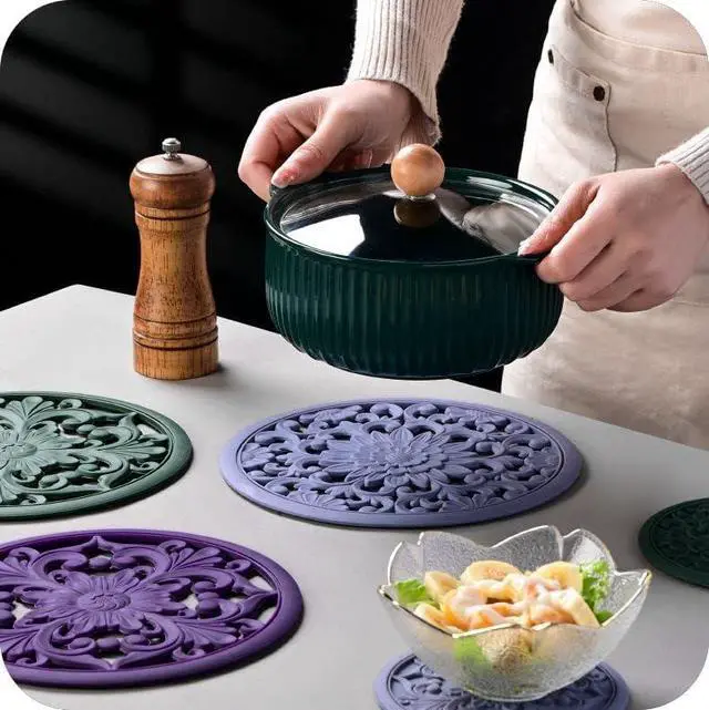 Alt view image 5 of 7 - Silicone Trivets Mats for Hot Dishes, Table Top Pot Holder, Countertop, Round Heat Resistant Mat, Modern Kitchen Trivets, Teapot Trivet - Flexible Trivet Round, Hot Pads for Pots & Pans of 3 Purple