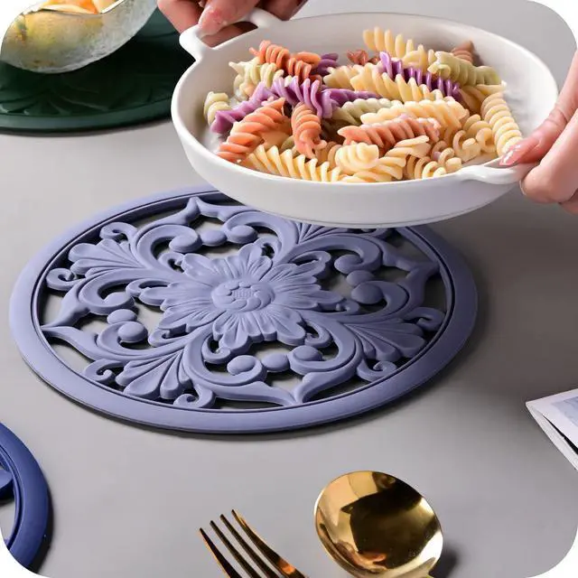 Alt view image 6 of 7 - Silicone Trivets Mats for Hot Dishes, Table Top Pot Holder, Countertop, Round Heat Resistant Mat, Modern Kitchen Trivets, Teapot Trivet - Flexible Trivet Round, Hot Pads for Pots & Pans of 3 Purple