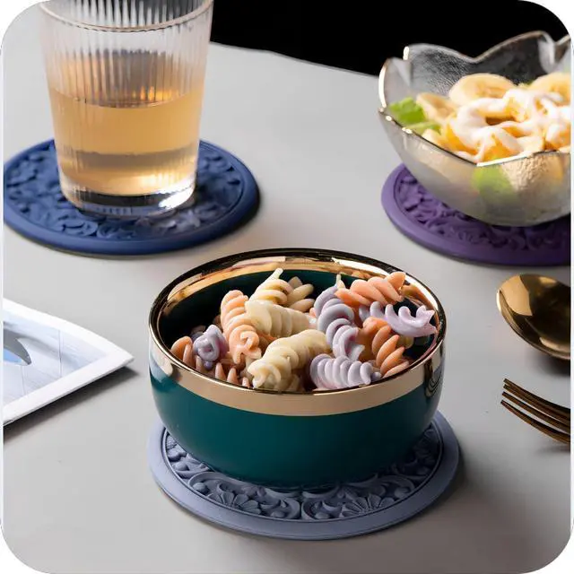 Alt view image 7 of 7 - Silicone Trivets Mats for Hot Dishes, Table Top Pot Holder, Countertop, Round Heat Resistant Mat, Modern Kitchen Trivets, Teapot Trivet - Flexible Trivet Round, Hot Pads for Pots & Pans of 3 Purple