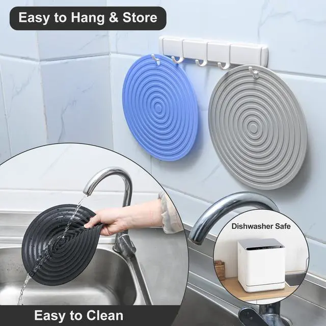 Alt view image 6 of 6 - Silicone Trivets for Hot Dishes Pots and Pans, Heat Resistant Counter Mat, Big Dia 9.45" Flexible Pot Holders Set 2 Dark Gray