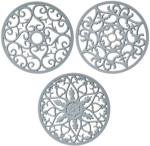Main image of Silicone Trivets, Intricately Carved Hot Pads and Mats, Flexible Modern Kitchen Table Mat, Heat Resistant Round Big Coaster Set of 3 Gray