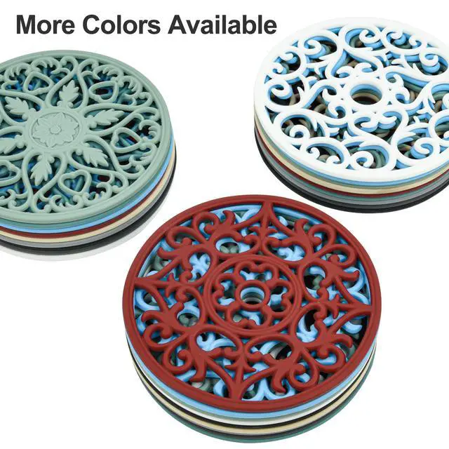 Alt view image 4 of 7 - Silicone Trivets, Intricately Carved Hot Pads and Mats, Flexible Modern Kitchen Table Mat, Heat Resistant Round Big Coaster Set of 3 Gray
