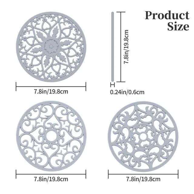 Alt view image 2 of 7 - Silicone Trivets, Intricately Carved Hot Pads and Mats, Flexible Modern Kitchen Table Mat, Heat Resistant Round Big Coaster Set of 3 Gray