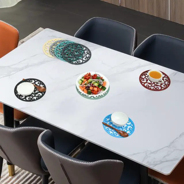 Alt view image 5 of 7 - Silicone Trivets, Intricately Carved Hot Pads and Mats, Flexible Modern Kitchen Table Mat, Heat Resistant Round Big Coaster Set of 3 Gray