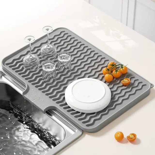 Main image of Silicone Dish Drying Mat for Kitchen Counter, 16 x 12" Fast Drainage Dish Rack Pad Drying Mats, Non-Slip Countertop Protector Heat Resistant Trivet, Easy to Clean Sink Drip Pad for Dishes, Gray