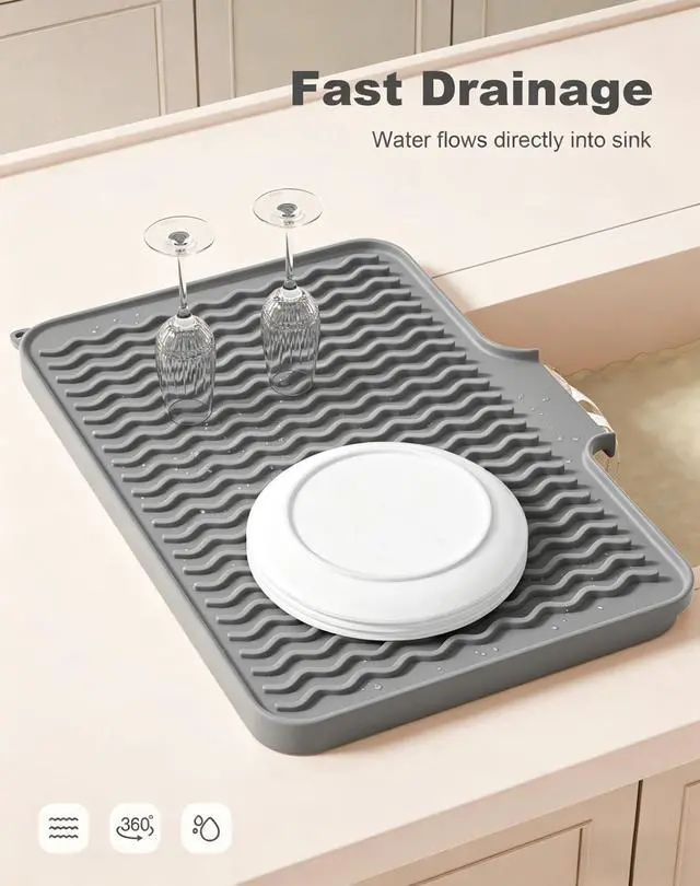 Alt view image 3 of 7 - Silicone Dish Drying Mat for Kitchen Counter, 16 x 12" Fast Drainage Dish Rack Pad Drying Mats, Non-Slip Countertop Protector Heat Resistant Trivet, Easy to Clean Sink Drip Pad for Dishes, Gray